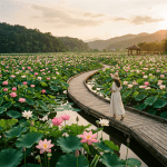 Woman in a white dress and hat walking on a curved wooden boardwalk through a pond filled with pink lotus flowers