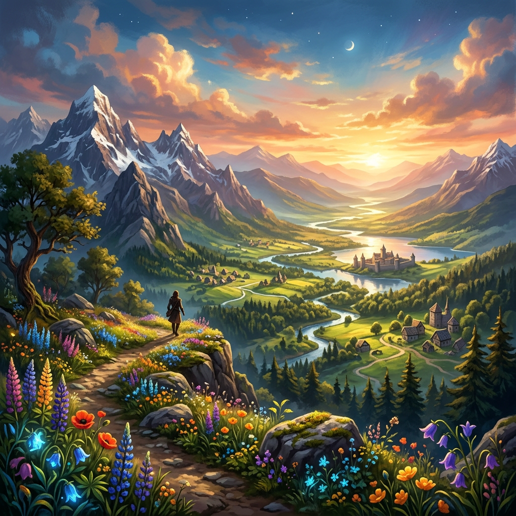 Traveler standing on a flower-lined mountain path overlooking a lush valley with rivers, villages, and castles at sunrise