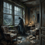 Person in tattered cloak looking out rain-streaked window in old, decayed study with scattered papers and books