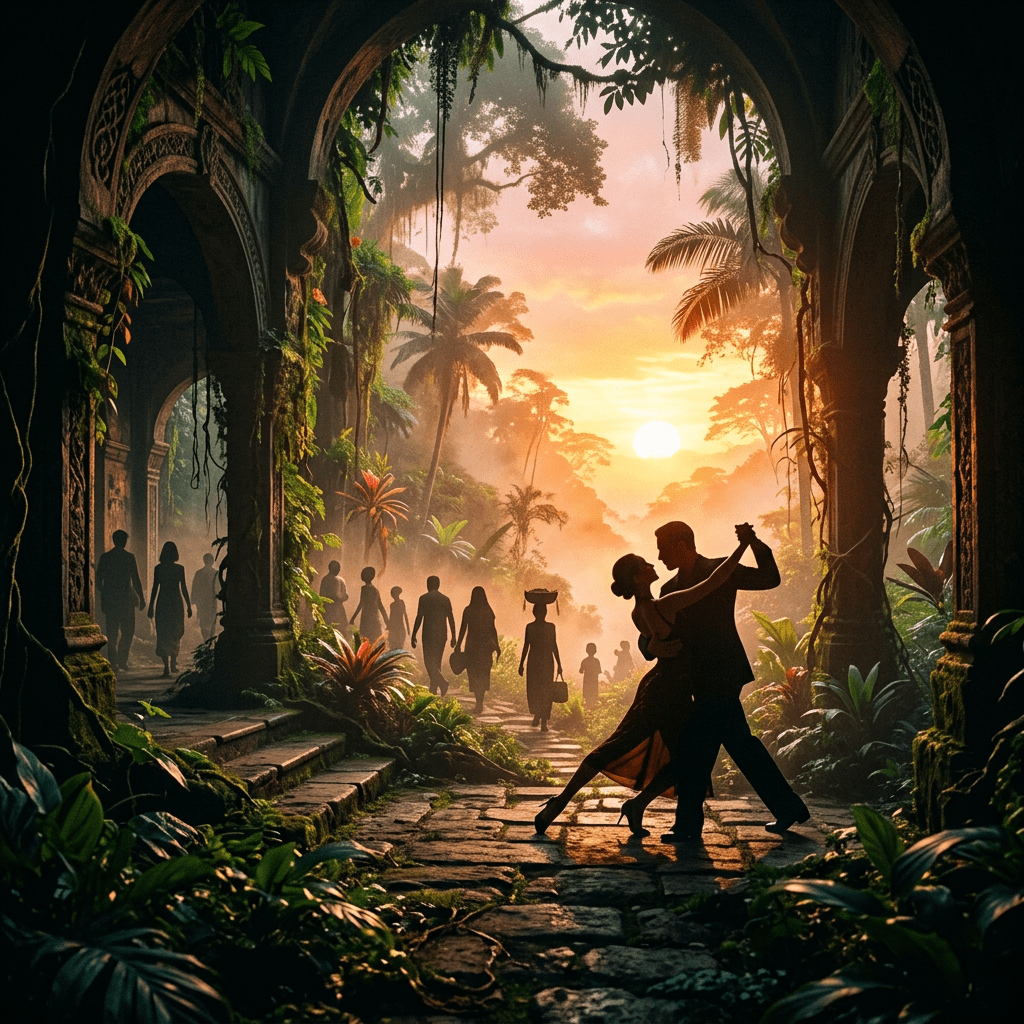 Couple dancing tango under ancient stone arches surrounded by jungle at sunset