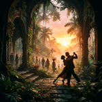 Couple dancing tango under ancient stone arches surrounded by jungle at sunset