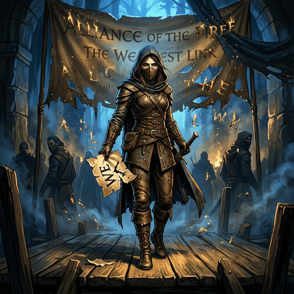Hooded warrior in leather armor holding torn document on wooden platform with masked figures behind