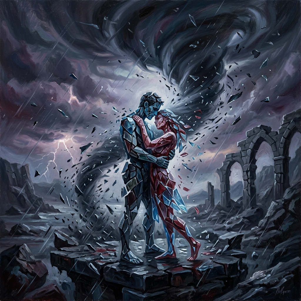 Two humanoid figures made of shattered glass embracing in a storm with ruins in the background