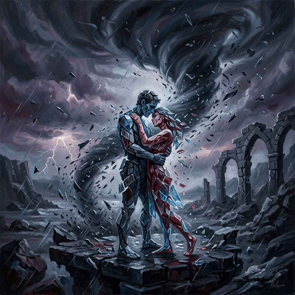 Two humanoid figures made of shattered glass embracing in a storm with ruins in the background