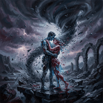 Two humanoid figures made of shattered glass embracing in a storm with ruins in the background