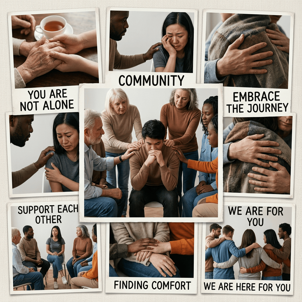Collage with text: YOU ARE NOT ALONE; COMMUNITY; EMBRACE THE JOURNEY; SUPPORT EACH OTHER; WE ARE FOR YOU; FINDING COMFORT; WE ARE HERE FOR YOU.