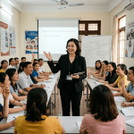 Instructor teaching English idioms to engaged adult students in a classroom